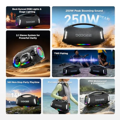Portable Wireless Speaker, 250W Peak/220W RMS Loud Boombox Speaker, Deep Bass Outdoor Party Speaker, 20H Playtime, IPX5 Waterproof, RGB Lights, TWS Pairing, USB/TF/AUX