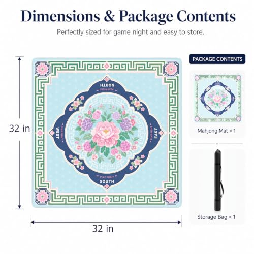Peony Floral Mahjong Mat,Non Slip American Mah Jongg Table Mat | 32in soft neoprene mah jongg mat reduces tile noise protects tabletops & packs easily for game nights or a thoughtful gift - color: 016