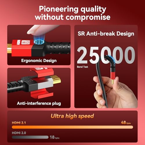 8K HDMI 2.1 Cable 25 FT,48Gbps Ultra High Speed Braided Gaming Cord Support 10K 8K@60Hz 4K@120Hz/144Hz HDCP 2.2&2.3 eARC DTS:X HDR10 VRR Compatible for RTX 5090/PS5/Xbox X/S/TV etc - size: 25 ft