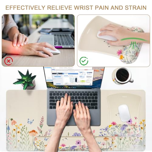 MEGREZ 4-in-1 Mouse Pad with Wrist Rest Ergonomic Memory Foam Desk Mat Set | ergonomic, anti-slip base, 4pcs set, desk pad, mouse wrist rest, keyboard rest, coaster, ideal for office & gaming - color: Light Beige