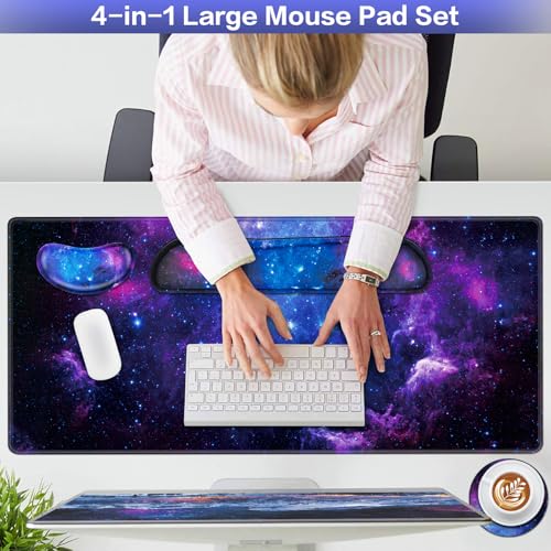 Mouse Pad Galaxy with Wrist Rest, 4-in-1 Large Mousepad+Keyboard Wrist Rest+Mouse Pad Wrist Support+Cup Pad Set,Ergonomic Mouse Pad,Anti-Slip,Memory Foam Desk Mat for Home Office Gaming(35.4×15.7in) - color: Galaxy
