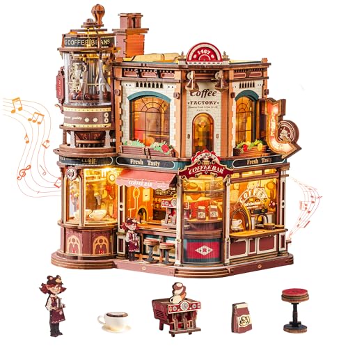 ROKR Dream Coffee Factory, Wooden Music Box Model, Mechanical 3D Wooden Puzzles for Adults, Building Kit with Moving LED Lights, Miniature House Kits, Desk Decor Gift