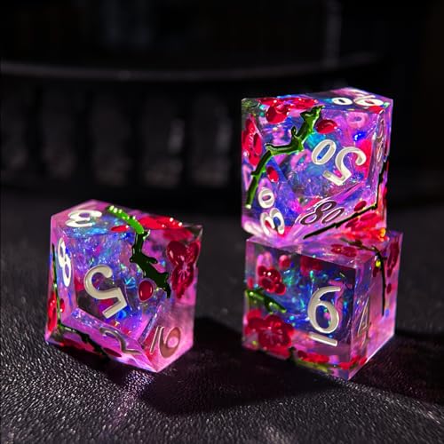 HAOMEJA Resin Flower Dice Set 7pcs/ Sharp Edged Polyhedral Dice/Apply to D&D/DND/RPG-MTG/Role Playing Table Game/Easter/Halloween Party Gift (Purple & White Numbers) - color: 7 Purple & White Numbers