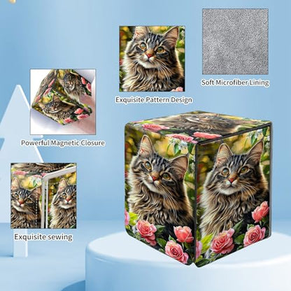 Card Deck Box for MTG Commander,Collectible Trading Storage Box Fits 120+ Single Sleeved Cards Magnetic Case PU Leather for Magic Commander TCG CCG MTG,Cute Cat Flower - color: Cute Cat Flower
