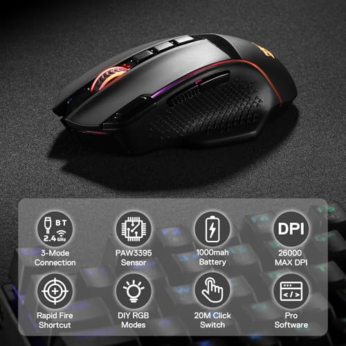 Redragon M991 3-Mode Wireless RGB Gaming Mouse 26000 DPI Remapping Keys | Cable-Free 0 Delay, Smooth Precise Tracking, Rapid-Fire Macro Keybinds, Vibing Backlight, Ergonomic Grip Body Comfort - color: Black, style: M991