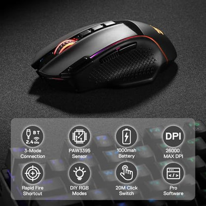Redragon M991 3-Mode Wireless RGB Gaming Mouse 26000 DPI Remapping Keys | Cable-Free 0 Delay, Smooth Precise Tracking, Rapid-Fire Macro Keybinds, Vibing Backlight, Ergonomic Grip Body Comfort - color: Black, style: M991
