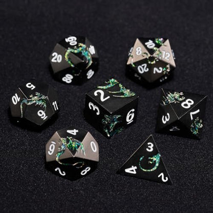 Dragon Metal DND Dice Set,Heavy Zinc Alloy Polyhedral 7-Die Set for Fantasy TTRPG & Tabletop RPG Games,Luxury Magnetic Display Case,Gift Ready for Collectors & Players(Glitter Green Dragon) - color: Black With Glitter Green