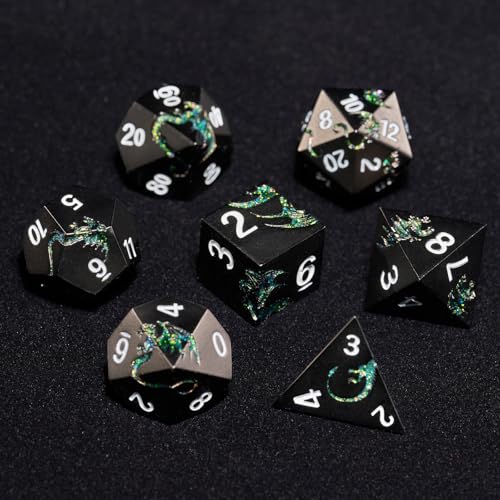Metal Dice Set,7-Piece Zinc Alloy Dragon DND Dice,Glitter Green | Complete polyhedral dragon dice set with easy-to-read numbers and a magnetic gift box for DND players and collectors. - color: Black With Glitter Green