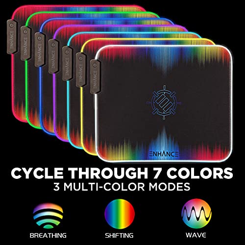 ENHANCE Small Mouse Pad with LED Lighting (13.3 X 10.8 inches) - Gaming Mouse Pad Desk Mat with 7 Color Options, 3 Lighting Effects, Smart Control Button, Non-Slip Rubber Grip - Multicolor - color: Multicolor and Black