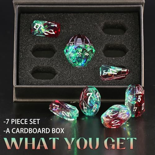 FONVGOGO Resin DND Dice, Dungeons and Dragons Dice Set DND with Box Polyhedral D and D Dice 7 Piece Role Playing Dice（Green and Silver） - color: S Green and Silver