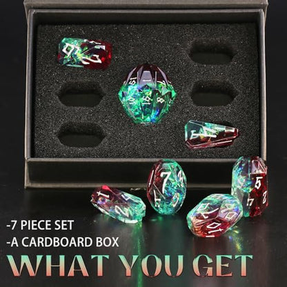 FONVGOGO Resin DND Dice, Dungeons and Dragons Dice Set DND with Box Polyhedral D and D Dice 7 Piece Role Playing Dice（Green and Silver） - color: S Green and Silver