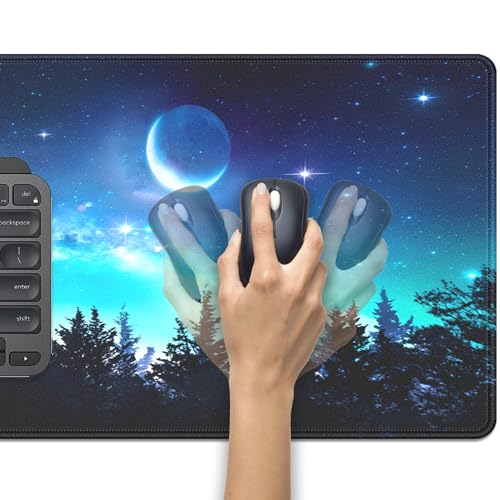Starry Night Forest Large Gaming Mouse Pad Desk Pad, 27.5x11.8in Moon Galaxy Extended Desk Mat with Stitched Edges, Non-Slip Waterproof Rubber Base for Office, Computer & Laptop - color: Forest, Starry Sky, Moon