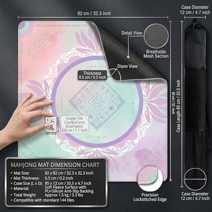Mahjong Mat 2025 Upgraded No-Crease & No Odor Design, 32.3 Inch with Waterproof Velvet, Non-Slip PU Silicone, Lightweight for Noise Reduction, Includes Printed Rules for Tiles and Cards (Purple-Pink) - color: Purple-pink