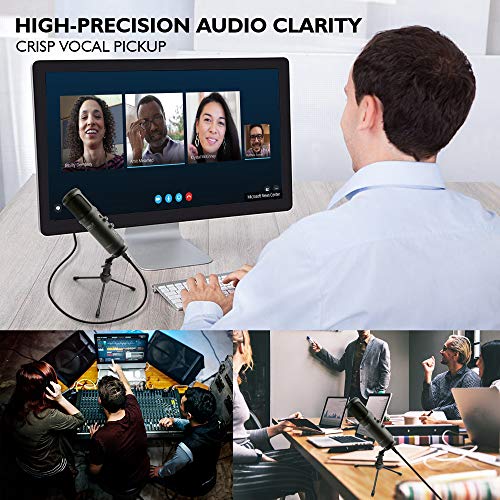 JOVIAL Pyle USB PC Recording Condenser Microphone, Portable Pro Audio Condenser Desk Mic, Blue LED, Adjustable Gain, Headphone Jack, Mute Control, Tripod Stand, for Podcast Streaming Gaming