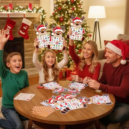 Blosssound Reindeer Christmas Bingo Game – 24 Players Holiday Bingo Cards with Reindeer Theme, Winter Party Game for Family Gatherings, Classroom Activities, and Christmas Party Favors - style: Reindeer
