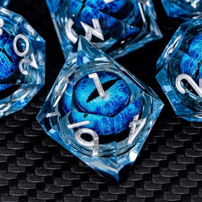 ARUOHHA DND Resin Dice Dragon Eye Dice Liquid Core Blue Sharp Edged Dice Set with Gift Box, Dungeons Polyhedral D and D Dice Set Compatible with D&D Role Playing Game D20 D12 D10 D8 D6 D4 - color: Ly02-blue