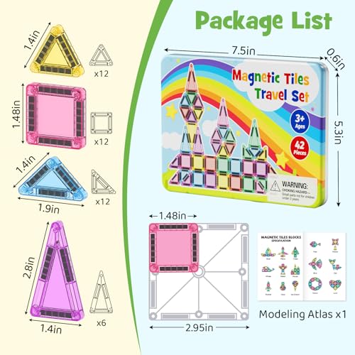 Magnetic Tiles Travel Toys for Kids 4-8, 42PCS Candy Color STEM Building Blocks with Visual Storage Guide & Metal Case, Airplane Activities & Toddler Travel Essentials Ages 3-5 - style: Magnetic Tiles Travel Construction Set - 42PCS