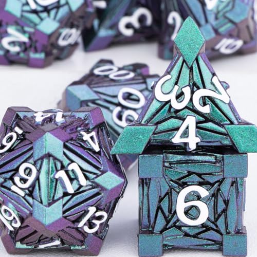 7PCS Metal DND Dice Set with Box, Debris RPG Green Purple D and D Dice for use with D&D Tabletop Games Role Playing Game Polyhedral Dice Set D20 D12 D10 D8 D6 D4 - color: Purple Green&white