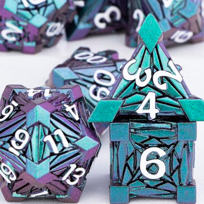 7PCS Metal DND Dice Set with Box, Debris RPG Green Purple D and D Dice for use with D&D Tabletop Games Role Playing Game Polyhedral Dice Set D20 D12 D10 D8 D6 D4 - color: Purple Green&white