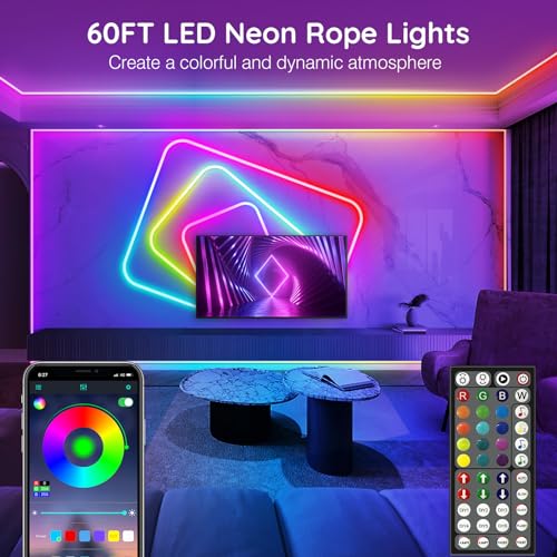 SINLEY Led Neon Rope Lights 60FT,Control with App/Remote,Flexible Led Rope Lights,Multiple Modes,IP68 Outdoor RGB Neon Lights Waterproof,Music Sync Gaming Led Strip Lights for Bedroom Indoor - size: 60FT