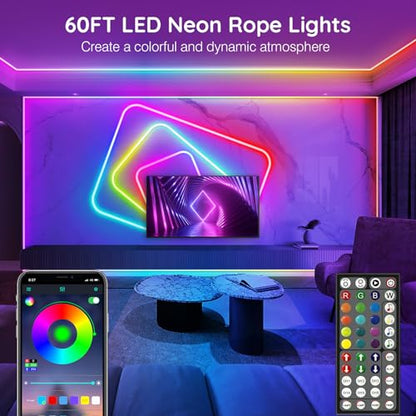 SINLEY Led Neon Rope Lights 60FT,Control with App/Remote,Flexible Led Rope Lights,Multiple Modes,IP68 Outdoor RGB Neon Lights Waterproof,Music Sync Gaming Led Strip Lights for Bedroom Indoor - size: 60FT
