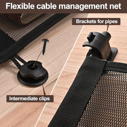 HX AURIZE Under Desk Cable Management Net – Flexible Wire Organizer with Side Rods & Center Hooks – Elastic Mesh Kit for Standing & Office Desks – Adhesive Positioning and Screw Lock Black