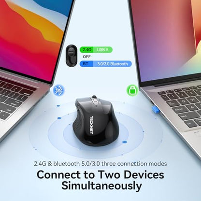 TECKNET Rechargeable Jiggler Wireless Mouse, Dual-Mode Connectivity, Black | Silent USB A & Bluetooth Mouse, 6 Adjustable DPI, 6 Buttons, Ergonomic Design, Long Battery Life, Multi-Device Compatibility - color: Black