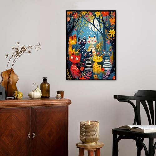 Moonlit Cat Forest Jigsaw Puzzles 1000 Pieces, PICKFORU Colorful Animal Puzzles for Adults, Challenging Unique Art Puzzle