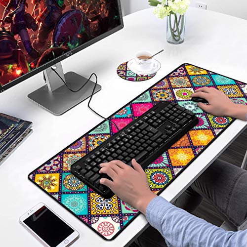 Desk Pad Mat Gaming Mouse Pads with Coasters Set, Stitched Edges Design Mouse Pad XXL Large Mouse Pad for Laptop Computers Flower Mandala Desk Writing Mat for Office & Home 31.5"x 11.8" - color: Flower Mandala