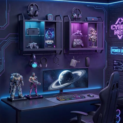 Gaming Floating Wall Shelves with LED Lights, Wall Mounted Shelf | 24" Shelf with Adjustable Glass Bar & 6 Hooks, Gaming Wall Shelf for Bedroom Gaming Room Living Room Office