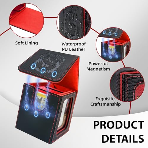 MTG Deck Box with Commander Display,Magnetic Card Storage Box Fits 100 Double Sleeved Cards,with 2 Dividers And 1 Mini Snap Card Holder Black/Red - color: Black/Red