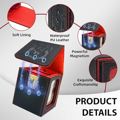MTG Deck Box with Commander Display,Magnetic Card Storage Box Fits 100 Double Sleeved Cards,with 2 Dividers And 1 Mini Snap Card Holder Black/Red - color: Black/Red