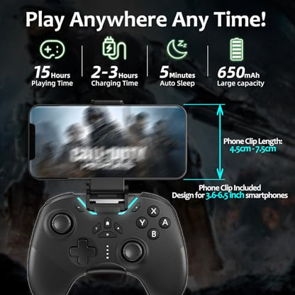 Hall Effect Bluetooth Controller for Switch/PC/iPhone/Android/TV/Steam, Pro Wireless Game Controller Remote Gamepad with Phone Clip with Hall Joystick/Lock Speed/6-Axis Gyro/Dual Motors/Turbo/Macro - color: whole black