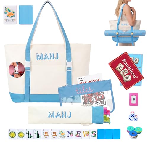 American Mahjong Tile Set, 166 Premium Blue Tiles, 4 All-in-One Color Racks/Pushers, Mahjong Accessories Mahjong Set Complete with Bag (Ma Jong, Mah-Jongg, Majiang)