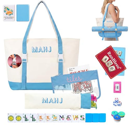 American Mahjong Tile Set, 166 Premium Blue Tiles, 4 All-in-One Color Racks/Pushers, Mahjong Accessories Mahjong Set Complete with Bag (Ma Jong, Mah-Jongg, Majiang)