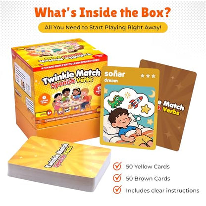 Spedemy Twinkle Match Spanish Card Game – 100 Vocabulary Matching Cards, Bilingual Games, Spanish Board Game for Kids, Beginners, Families, Homeschool & Classroom, juegos en español para la Familia