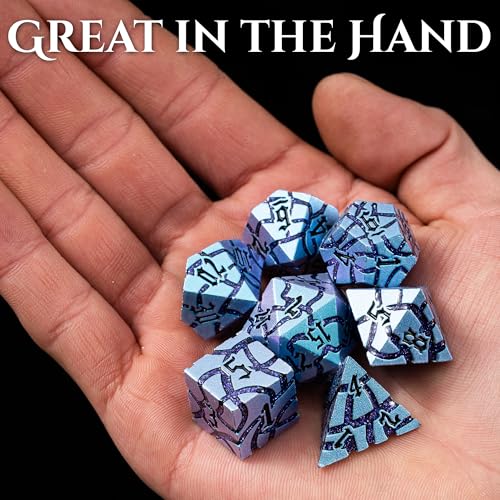 Metal Dice for DND - Ancient Cracked – Blue Shift Purple Glitter Cracks | Beautiful 7pc Polyhedral Dice Set, Smooth Rolling, Role Playing Games (RPG), Compatible with D&D, for Dungeons and Dragons - color: Blue Purple With Purple Glitter