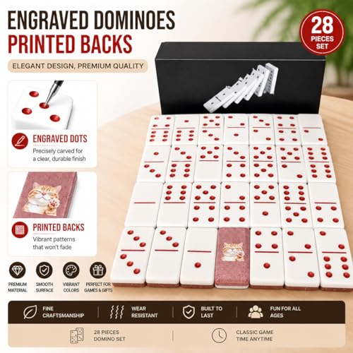 Premium Double 6 Dominoes Set 28 Tiles for Adults,Domino Board Games with Case for for Birthdays, Holidays and Special Occasions (Dominoes-Pink-cat) - style: Dominoes-Pink-cat