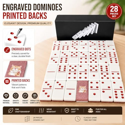 Premium Double 6 Dominoes Set 28 Tiles for Adults,Domino Board Games with Case for for Birthdays, Holidays and Special Occasions (Dominoes-Pink-cat) - style: Dominoes-Pink-cat