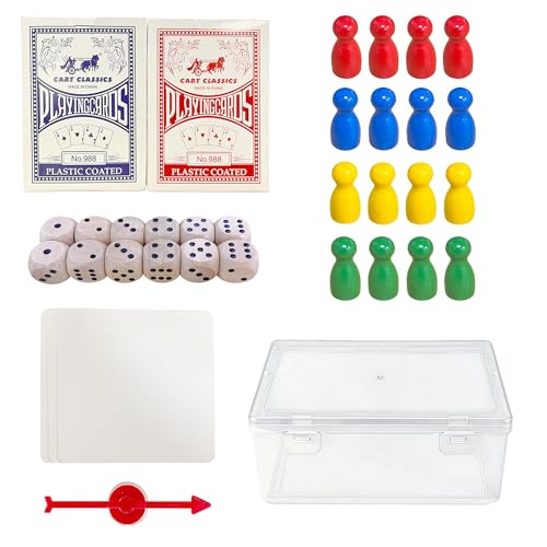 Portable Playing Cards and Dice Set, Include 2 Splash-Resistant Playing Cards, 12 Dice, 16 Pawns, a Spinner, 3 Paper Sheets, and a Plastic Storage Box, Travel-Friendly Set for Outdoor Play