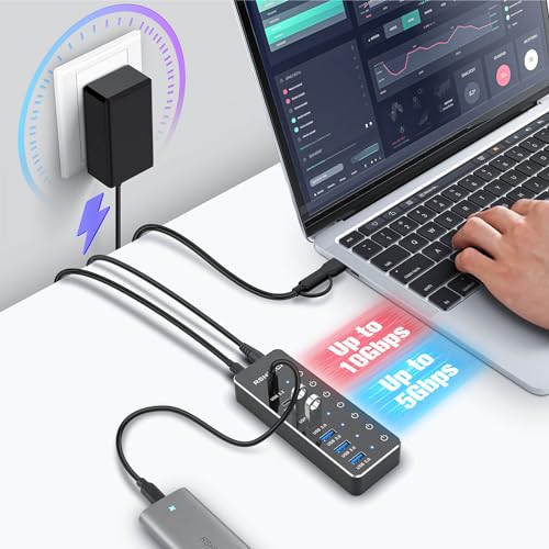 RSHTECH 7-Port Powered USB 3.2/USB C Hub with 10Gbps USB-A 3.2, 2 USB-C 3.2, 4 USB 3.0 Ports, Individual Touch Switches, 3.3ft Cable and 5V Power Adapter, USB Hub Splitter for Laptop/PC, RSH-ST07C - size: 7-Port Powered USB Hub