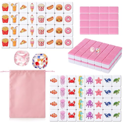 Capoda 2 Players Mahjong Block Set with 65 Tiles Pink Melamine Tiles Velvet Drawstring Bag and 2 Acrylic Dice Portable Mahjong Tile Game Ocean Animals and Food Pattern for Summer Travel Family Game - style: Animal and Food