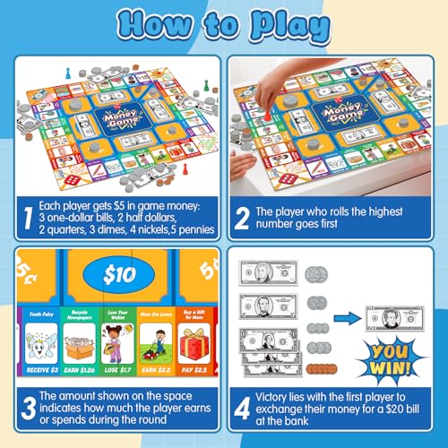 Torlam Money Board Games for Kids, Coins and Bills Toddler Pretend Play Toys, Money for Kids Learning Education Kindergarten Math Games Math Manipulatives, Homeschool Supplies Classroom Must Haves