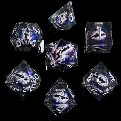 FugaCity Dice Set,Handmade Sharp Edge 7 Piece Resin Dice-Dungeon&Dragons Polyhedral Dice Set, D&D Dice Set with Gift Dice Case for RPG MTG Table Games - color: A-liquid Core Dark Purple Eyeball
