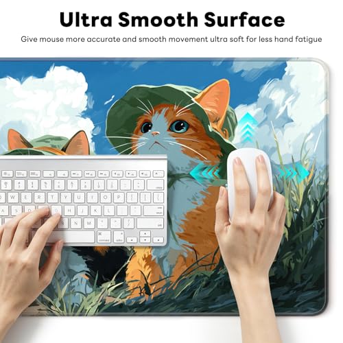 Large Gaming Mouse Pad, XL Desk Protector, Non-Slip Base | 31.5x15.7 in Extended Desk Mat with Stitched Edges for Keyboard, Work, Game, Office, Home PC and Laptop - color: Hat Cats
