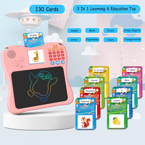 SPG300 Three-in-One Children's Learning Machine with Pen Oral Arithmetic Practice Memory Card Training Drawing Board Function 130 Memory Cards 2.4" LCD Screen Portable Educational Toy for Kids（Pink）