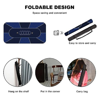 94 x 47 Inch Poker Mat with Stronger Sewn Edges, 10 Players Texas Hold'em Poker Rubber Mat Poker Topper for Tables, Folding Portable Poker Table Top Layout w/Carrying Bag for Poker Games, Blackjack - color: 94x 47 Inch Blue