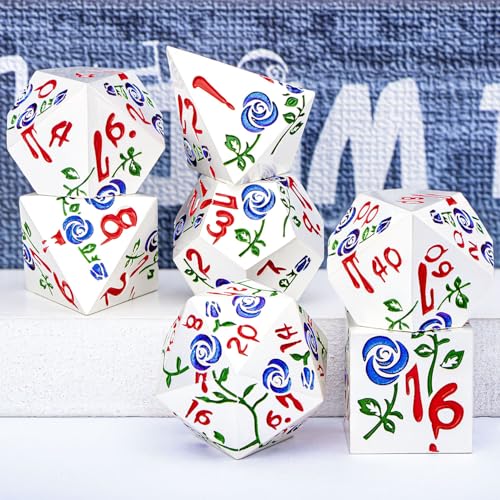 Gothic DND Dice Set Bleeding Rose Metal D and D Dice for use with Dungeons Dragons D&D Role Playing Game, Blue Purple RPG Polyhedral Dice Set D20 D12 D10 D8 D6 D4 - color: Purplish Blue&silver&red Numbers