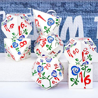 Gothic DND Dice Set Bleeding Rose Metal D and D Dice for use with Dungeons Dragons D&D Role Playing Game, Blue Purple RPG Polyhedral Dice Set D20 D12 D10 D8 D6 D4 - color: Purplish Blue&silver&red Numbers