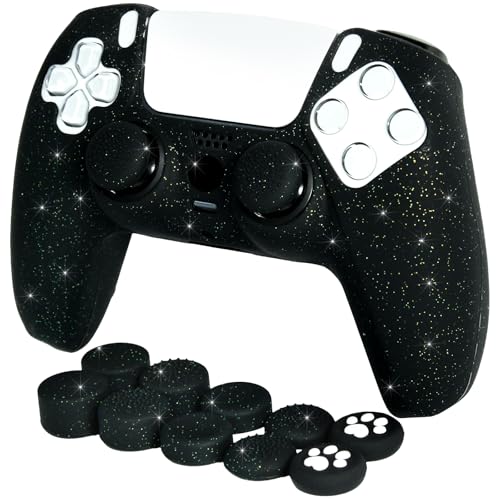 Black Glitter Anti-Slip Protective Silicone Cover Skin Grips Compatible with PS5/Slim/Pro Controller,8 PCS Glitter Thumb Grips Caps and 2 Grips Caps. (Glitter Black) - color: Black